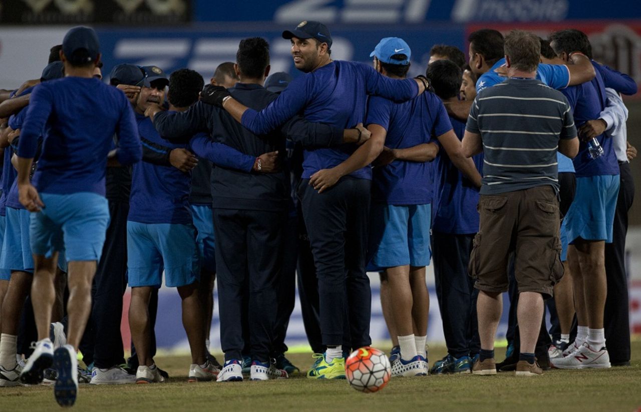 Yuvraj Singh looks behind during a team huddle before the match, India v Sri Lanka, 2nd T20I, Ranchi, February 12, 2016