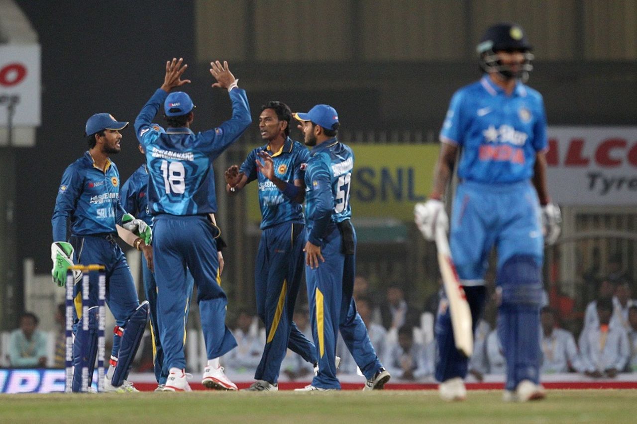 Dushmantha Chameera celebrates Shikhar Dhawan's wicket with his team-mates, India v Sri Lanka, 2nd T20I, Ranchi, February 12, 2016