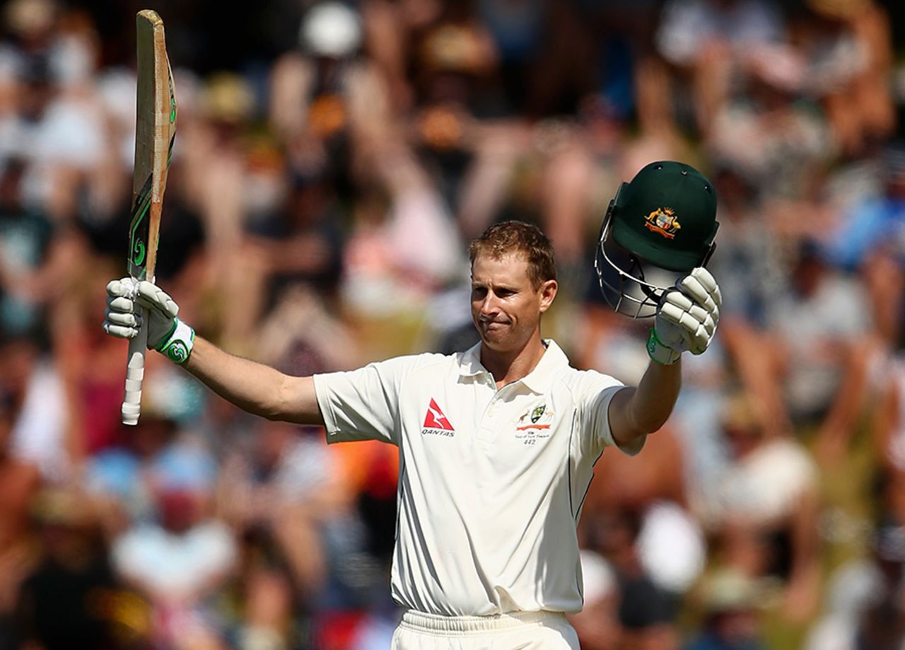 Adam Voges acknowledges the applause on his fifth Test hundred, New Zealand v Australia, 1st Test, Wellington, 2nd day, February 13, 2016
