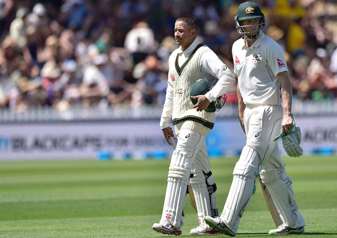 Usman Khawaja and Adam Voges shared a fourth-wicket partnership fo 168, New Zealand v Australia, 1st Test, Wellington, 2nd day, February 13, 2016