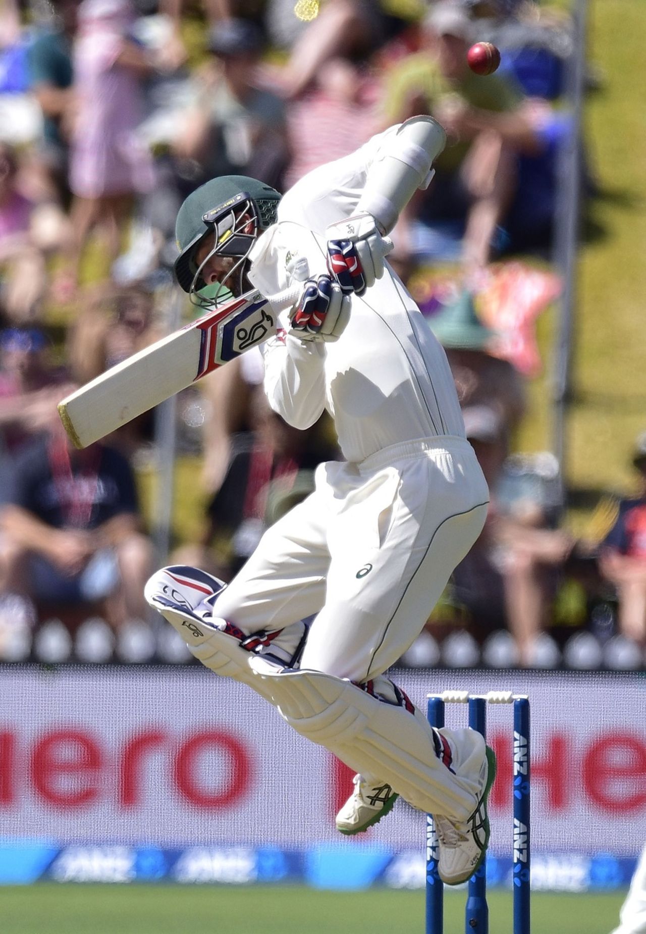 Nathan Lyon gets into a tangle against a bouncer  from Corey Anderson, New Zealand v Australia, 1st Test, Wellington, 3rd day, February 14, 2016