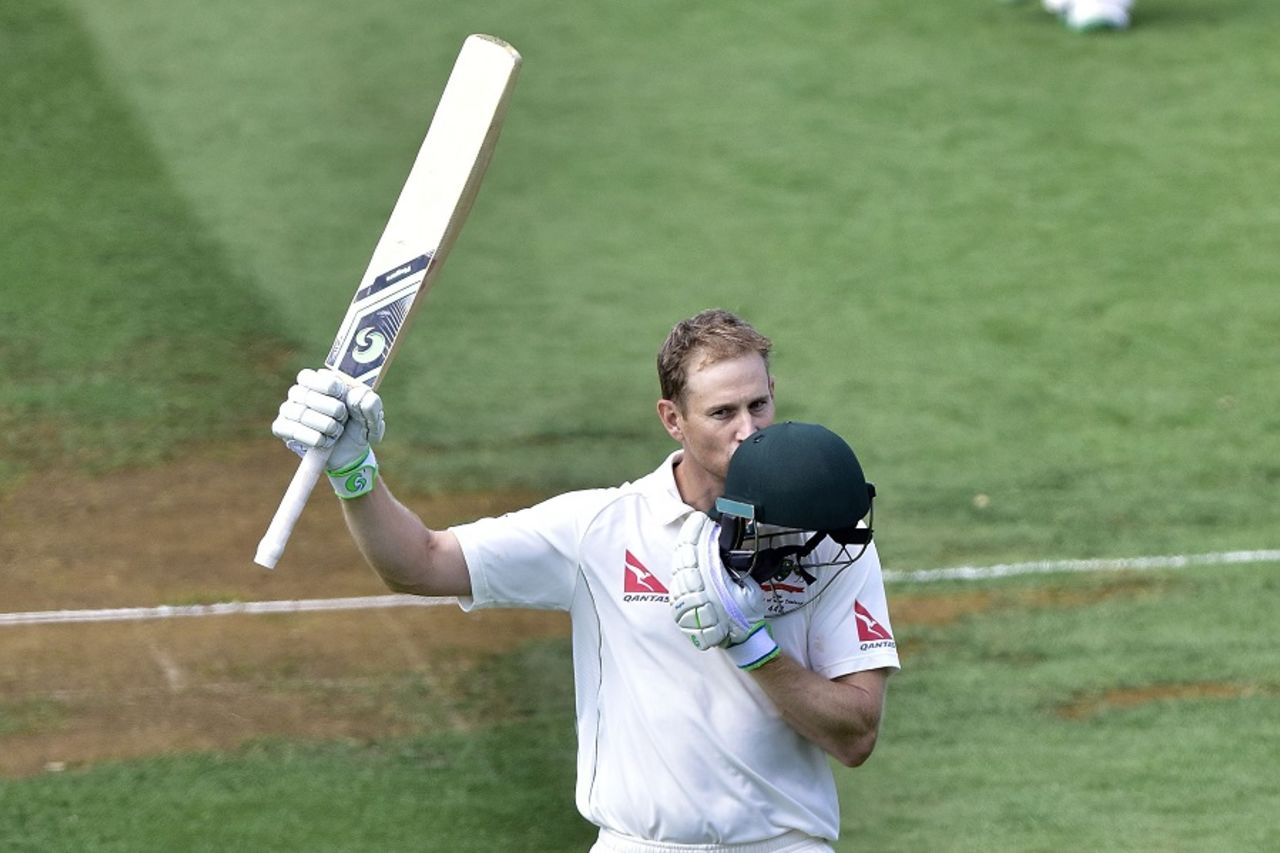 Adam Voges kisses the badge after raising his second double-ton of the summer, New Zealand v Australia, 1st Test, Wellington, 3rd day, February 14, 2016