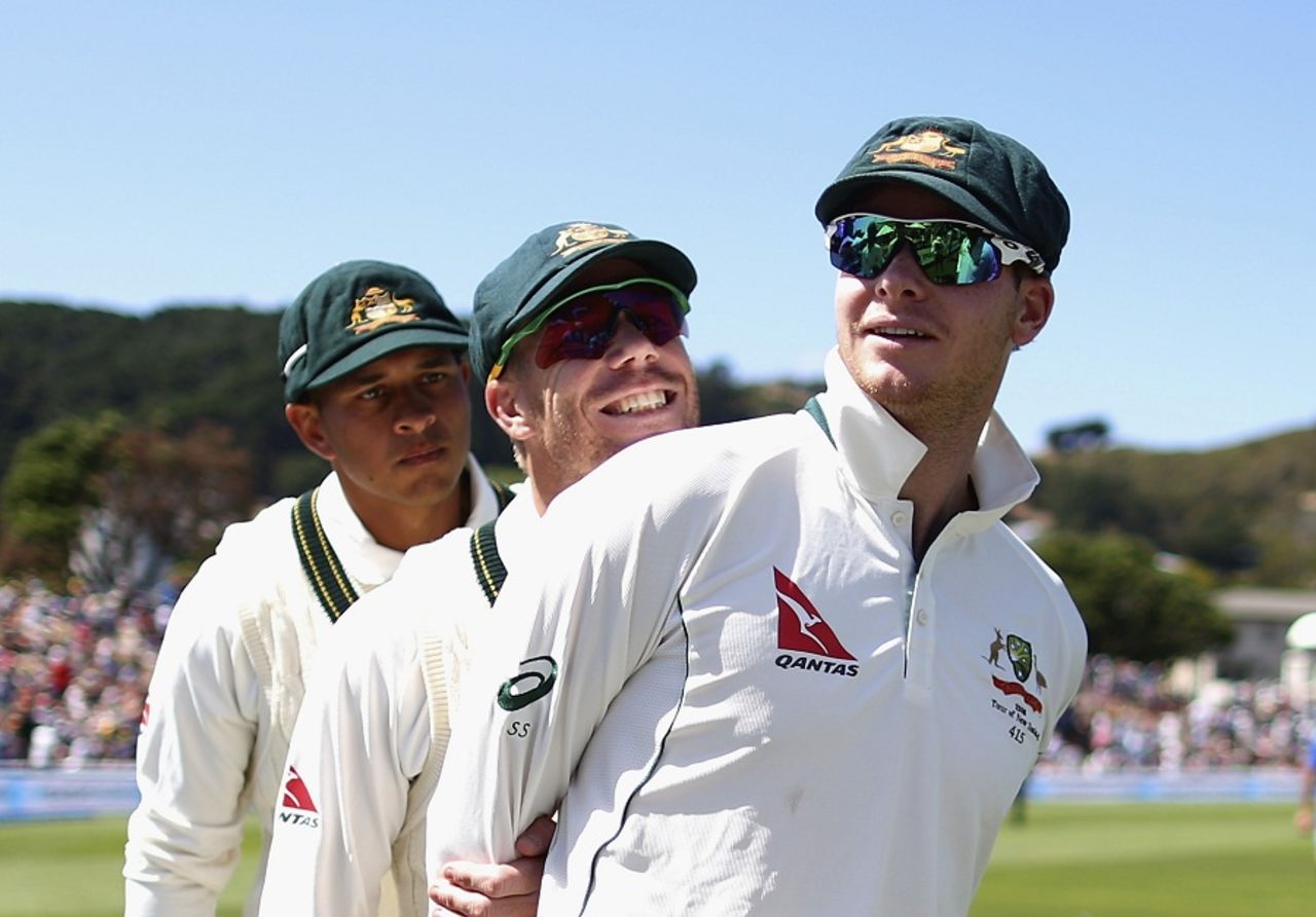 Steven Smith, David Warner and Usman Khawaja line up before taking the field, New Zealand v Australia, 1st Test, Wellington, 3rd day, February 14, 2016