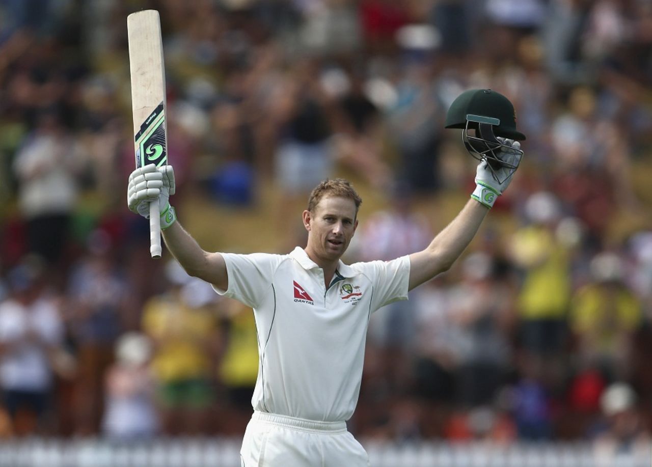 Adam Voges celebrates after reaching his double-century, New Zealand v Australia, 1st Test, Wellington, 3rd day, February 14, 2016