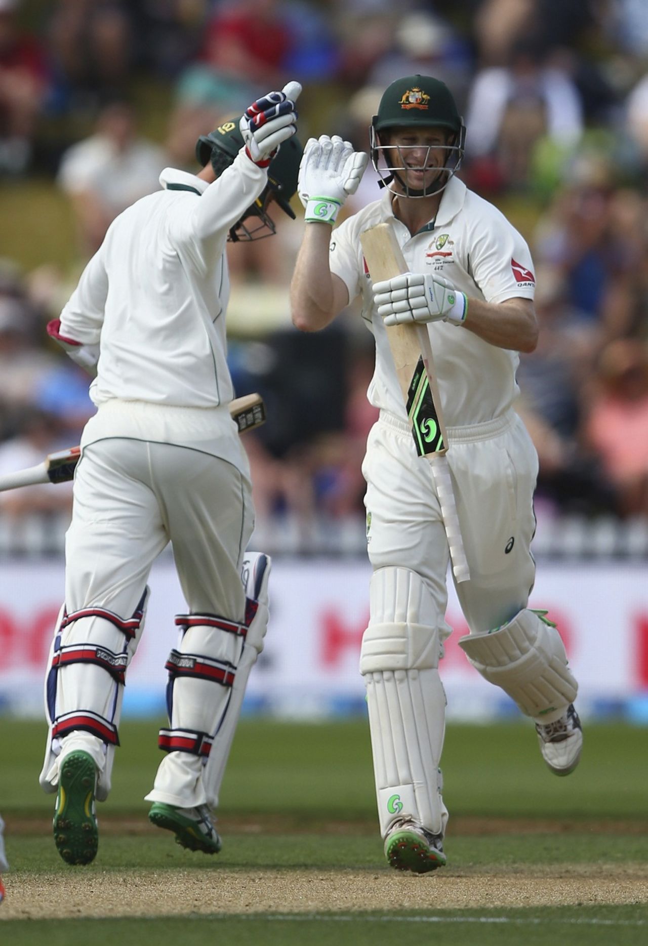 Adam Voges celebrates his double-century with Nathan Lyon, New Zealand v Australia, 1st Test, Wellington, 3rd day, February 14, 2016