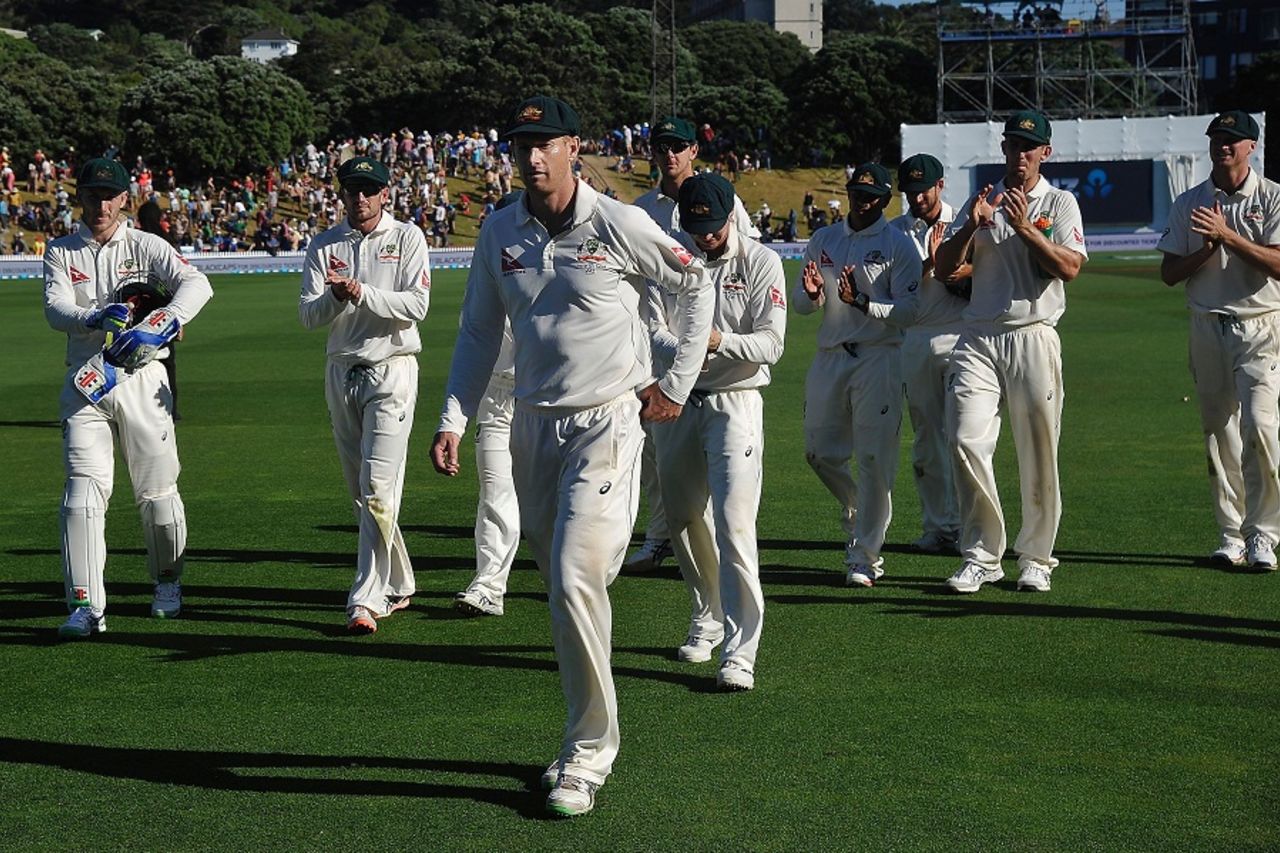 Adam Voges leads his side off the field at the end of day three, New Zealand v Australia, 1st Test, Wellington, 3rd day, February 14, 2016
