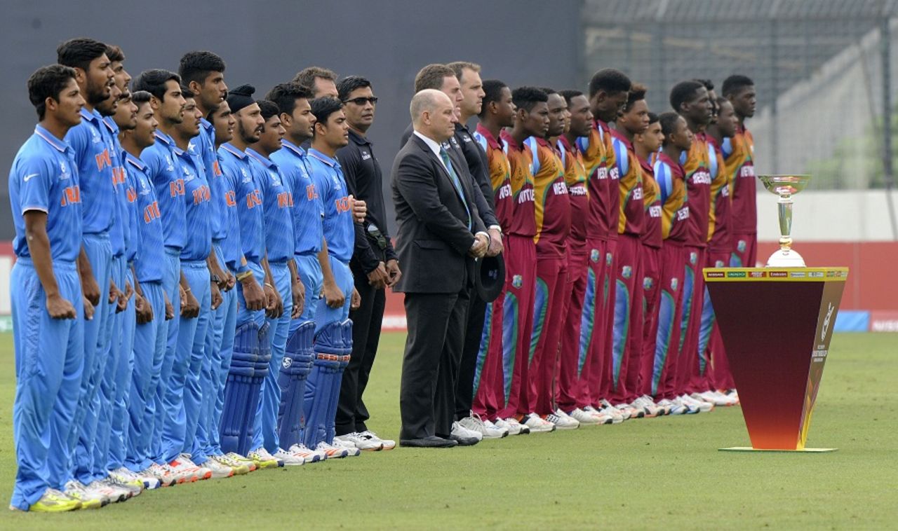 Both teams line up for the national anthems, India v West Indies, final, Under-19 World Cup, Mirpur, February 14, 2016
