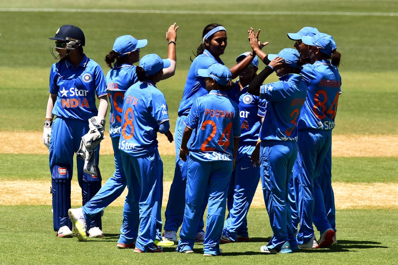 Shikha Pandey celebrates a wicket, Australia v India, 1st Women's T20, Adelaide, January 26, 2016
