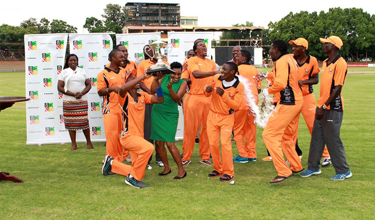 The Mashonaland Eagles players celebrate after winning the T20 tournament, Mountaineers v Eagles, Domestic Twenty20 Competition, Final, Bulawayo, February 13, 2016