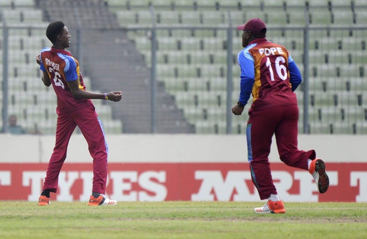 Shamar Springer celebrates a wicket in trademark fashion, India v West Indies, final, Under-19 World Cup, Mirpur, February 14, 2016