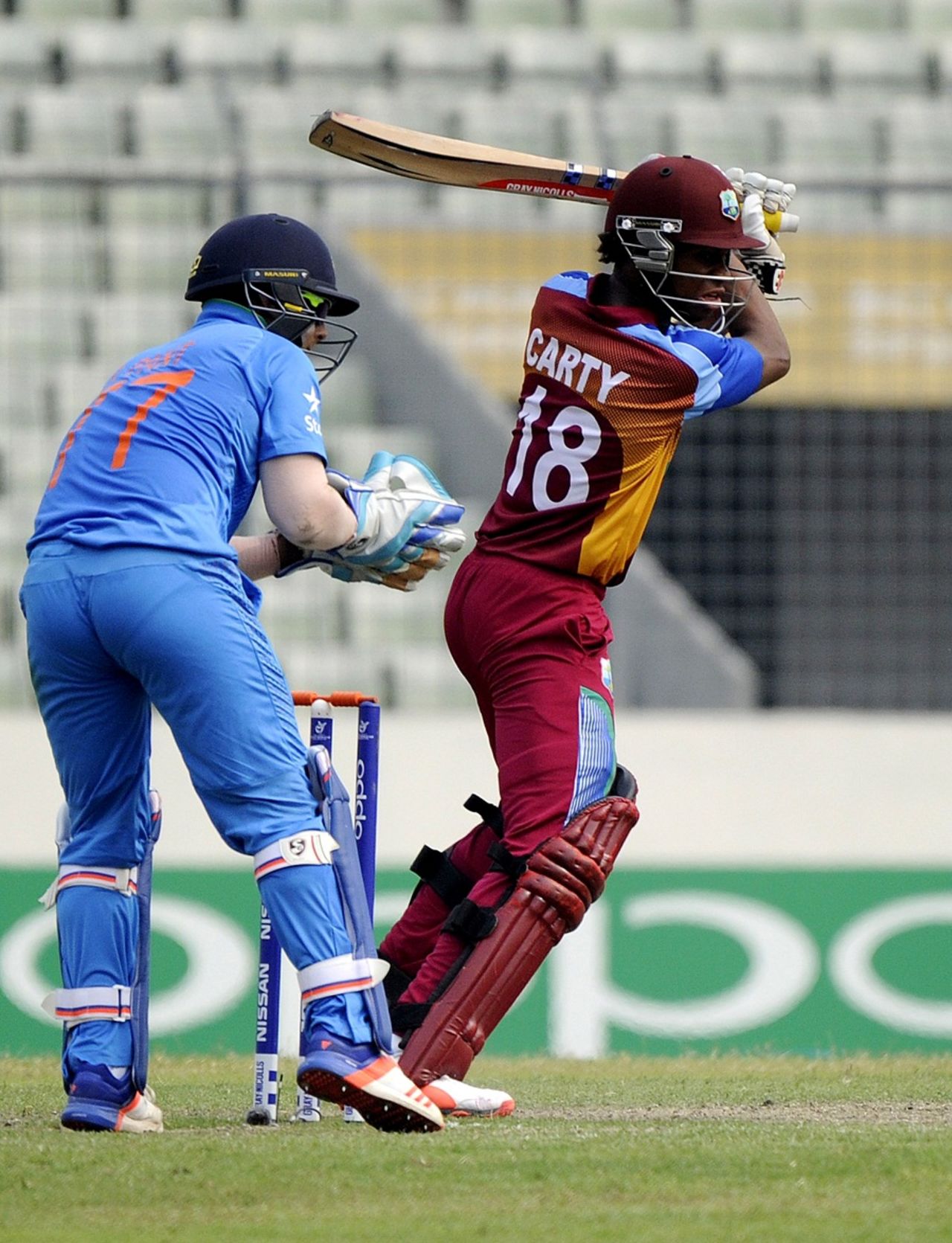 Keacy Carty plays a cut, India v West Indies, final, Under-19 World Cup, Mirpur, February 14, 2016