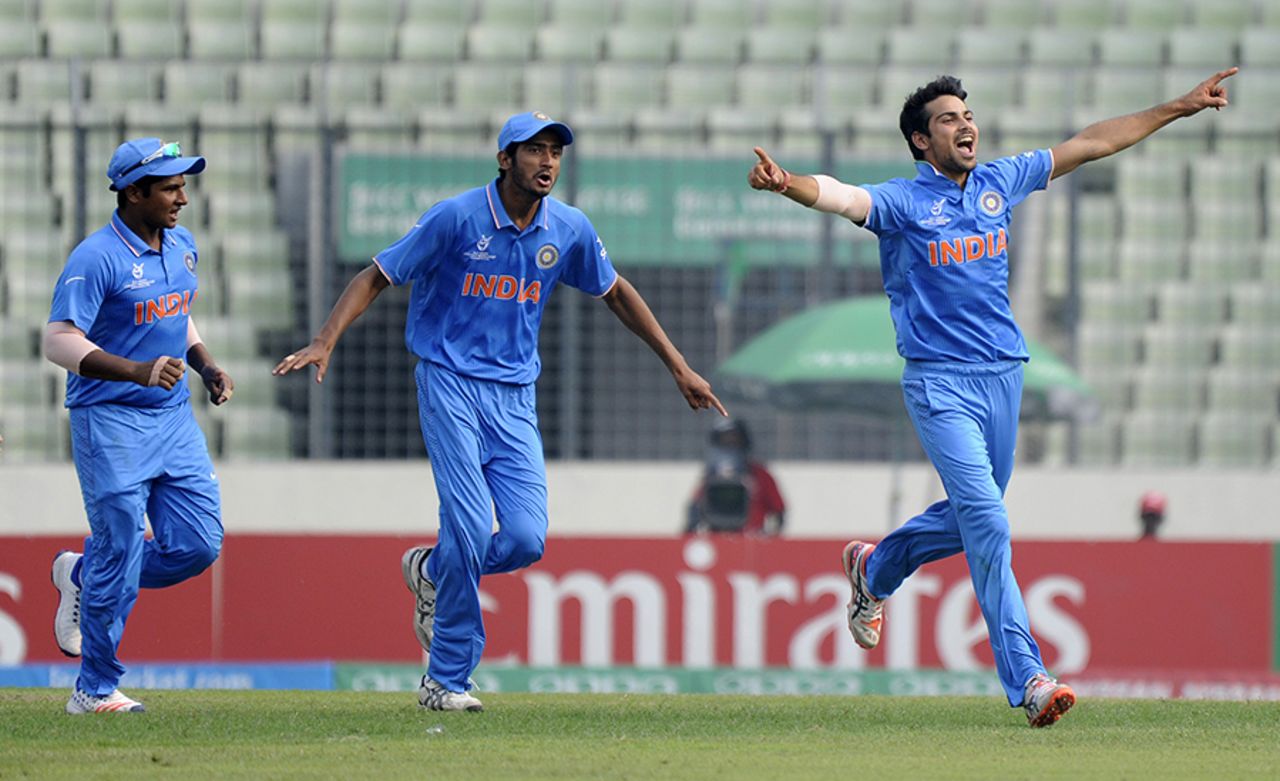 Mayank Dagar takes off on a celebratory run after a wicket, India v West Indies, Under-19 World Cup 2016, final, Mirpur, February 14, 2016