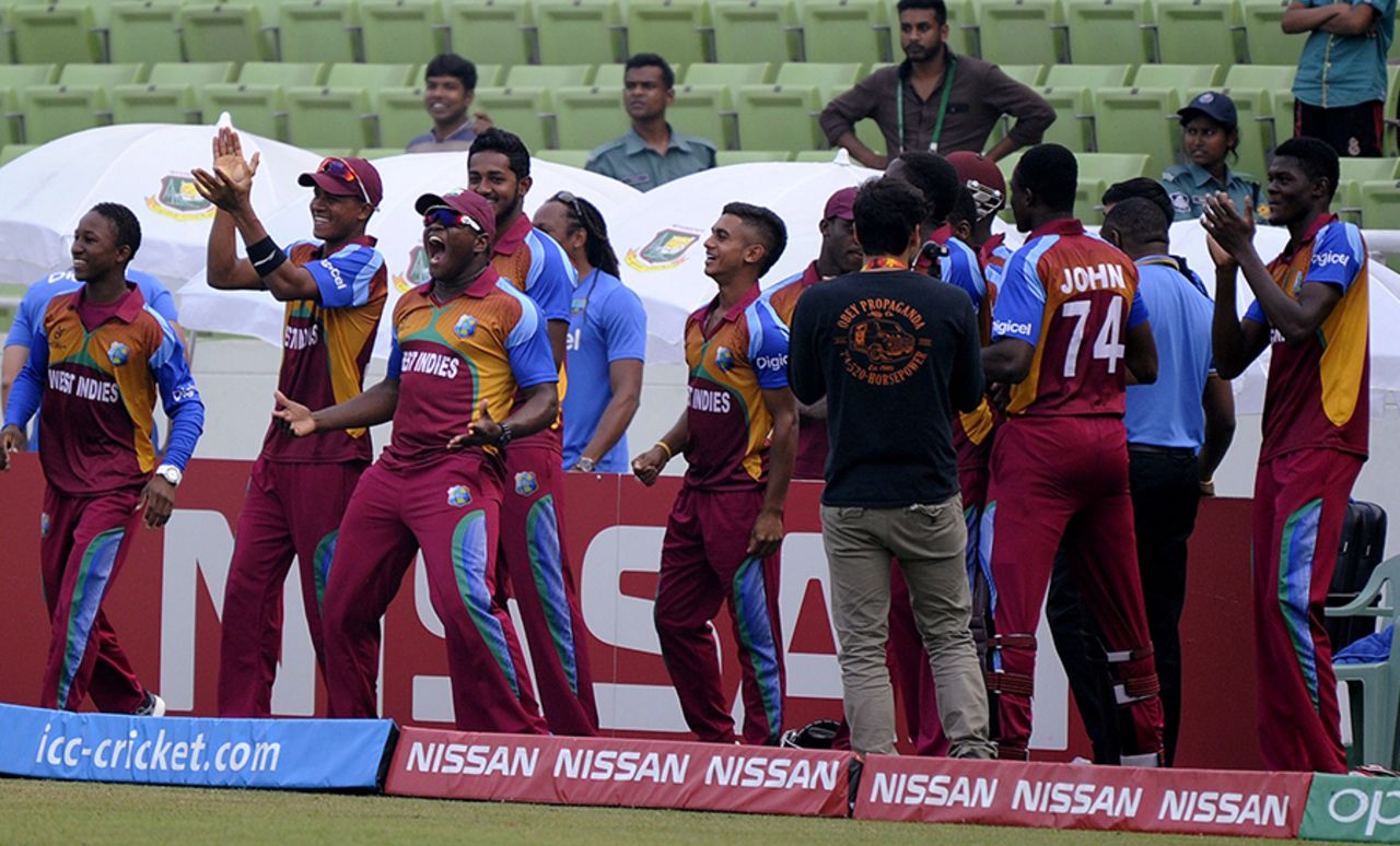 The West Indies side gather on the boundary preparing for their celebrations, India v West Indies, Under-19 World Cup 2016, final, Mirpur, February 14, 2016