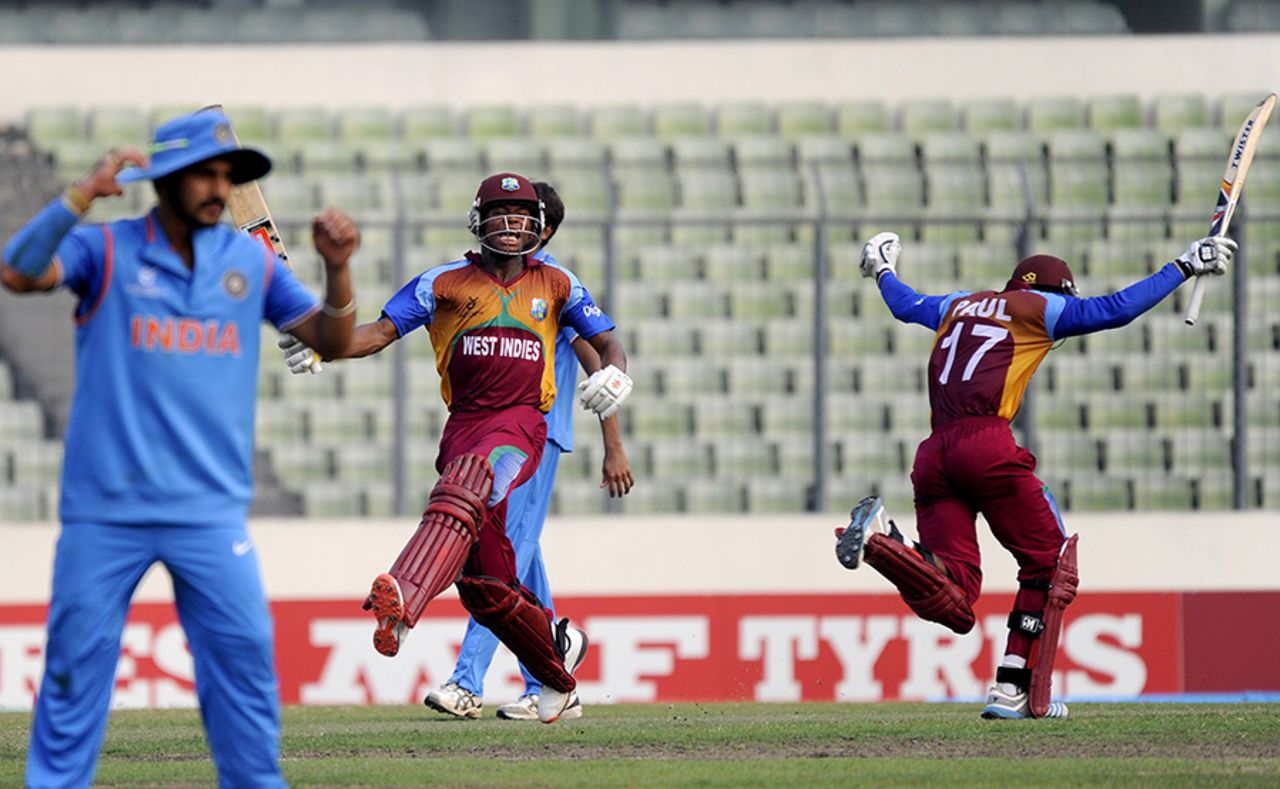 Keacy Carty and Keemo Paul celebrate after getting the winning runs, India v West Indies, Under-19 World Cup 2016, final, Mirpur, February 14, 2016