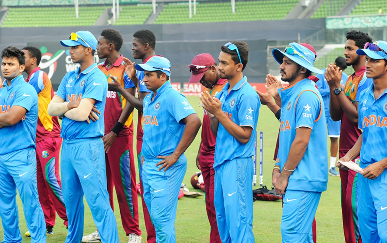 A dejected Indian side watches the post-match presentation, India v West Indies, Under-19 World Cup 2016, final, Mirpur, February 14, 2016