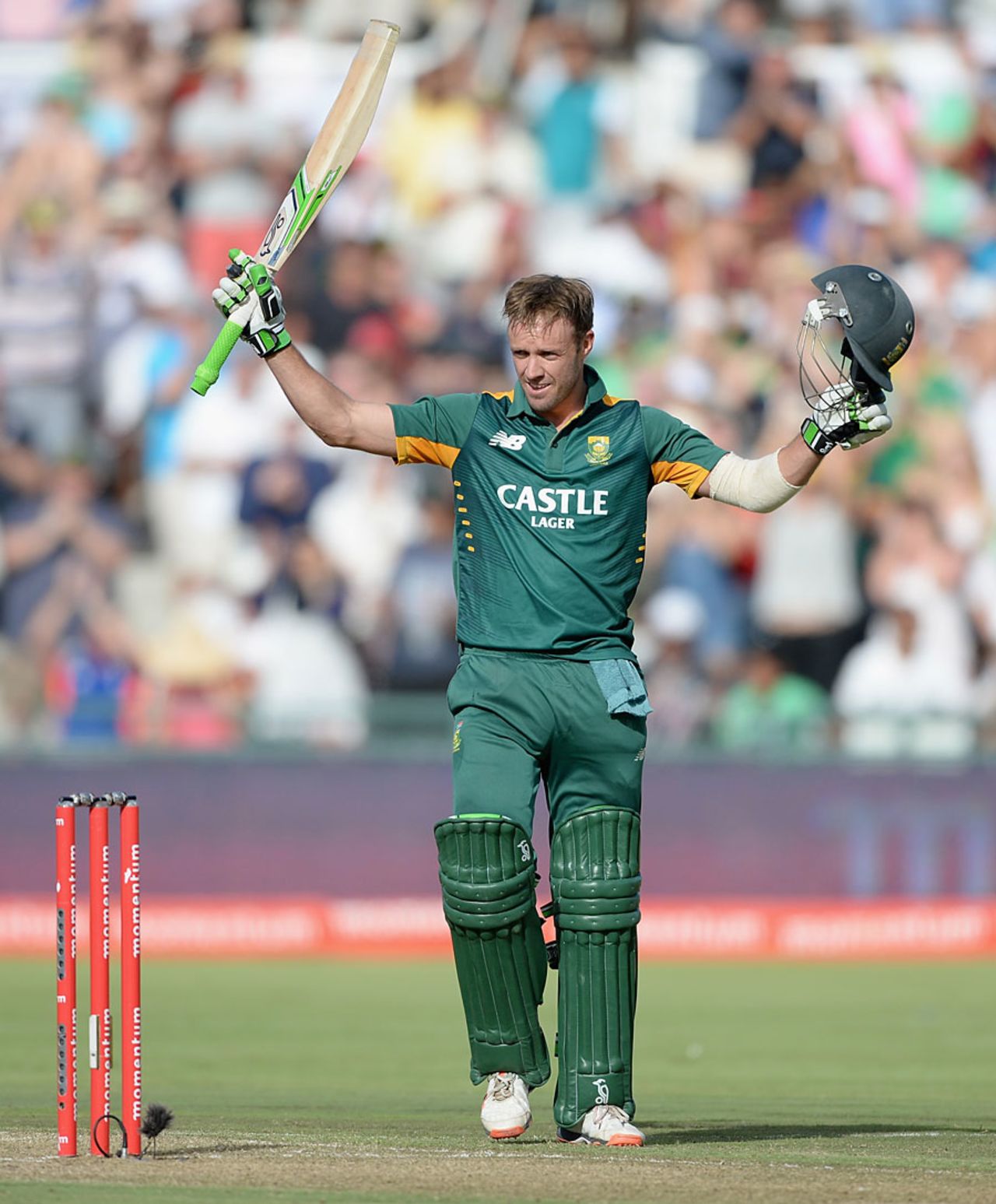 AB de Villiers celebrates his hundred, South Africa v England, 5th ODI, Cape Town, February 14, 2016