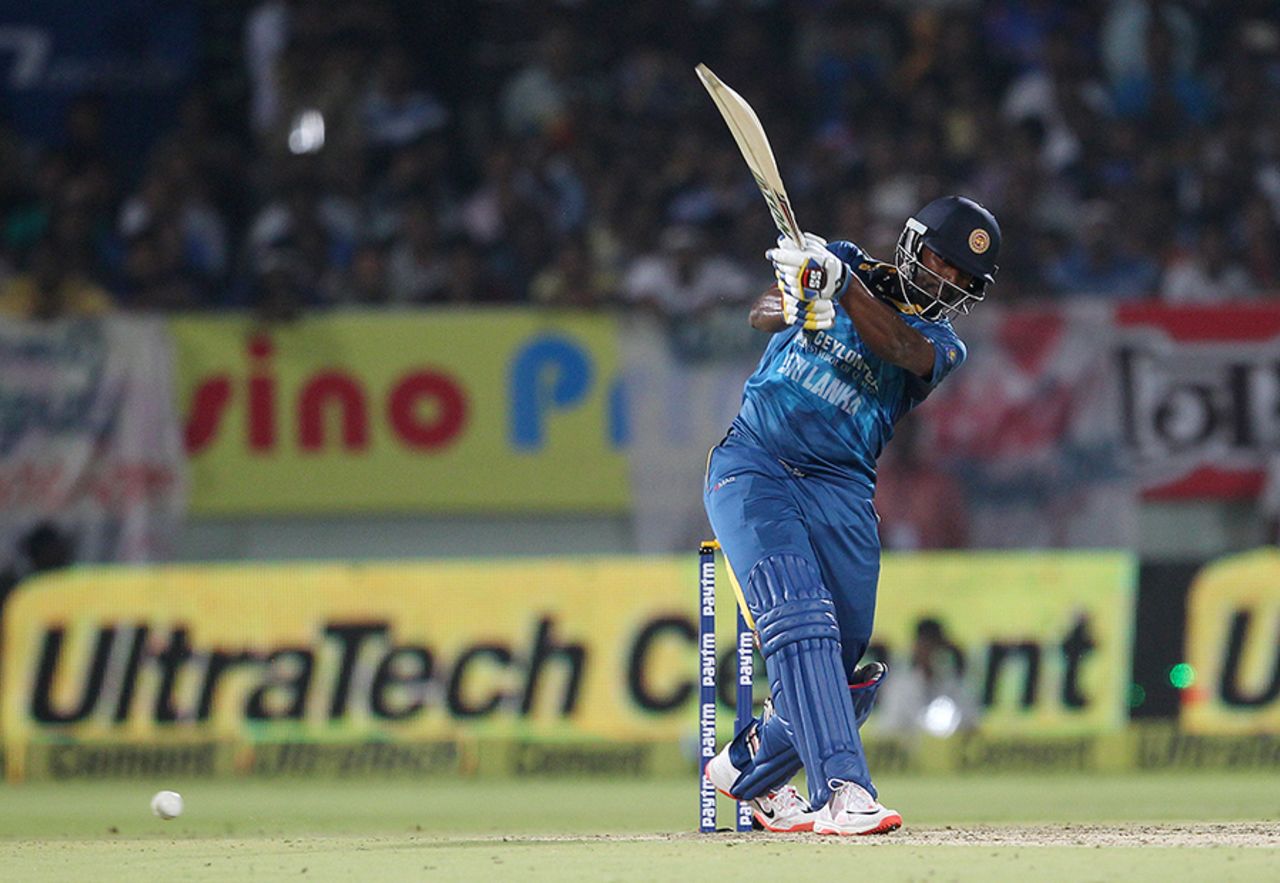 Thisara Perera scored 12, one of two Sri Lanka batsmen to score in double-figures, India v Sri Lanka, 3rd T20I, Visakhapatnam, February 14, 2016