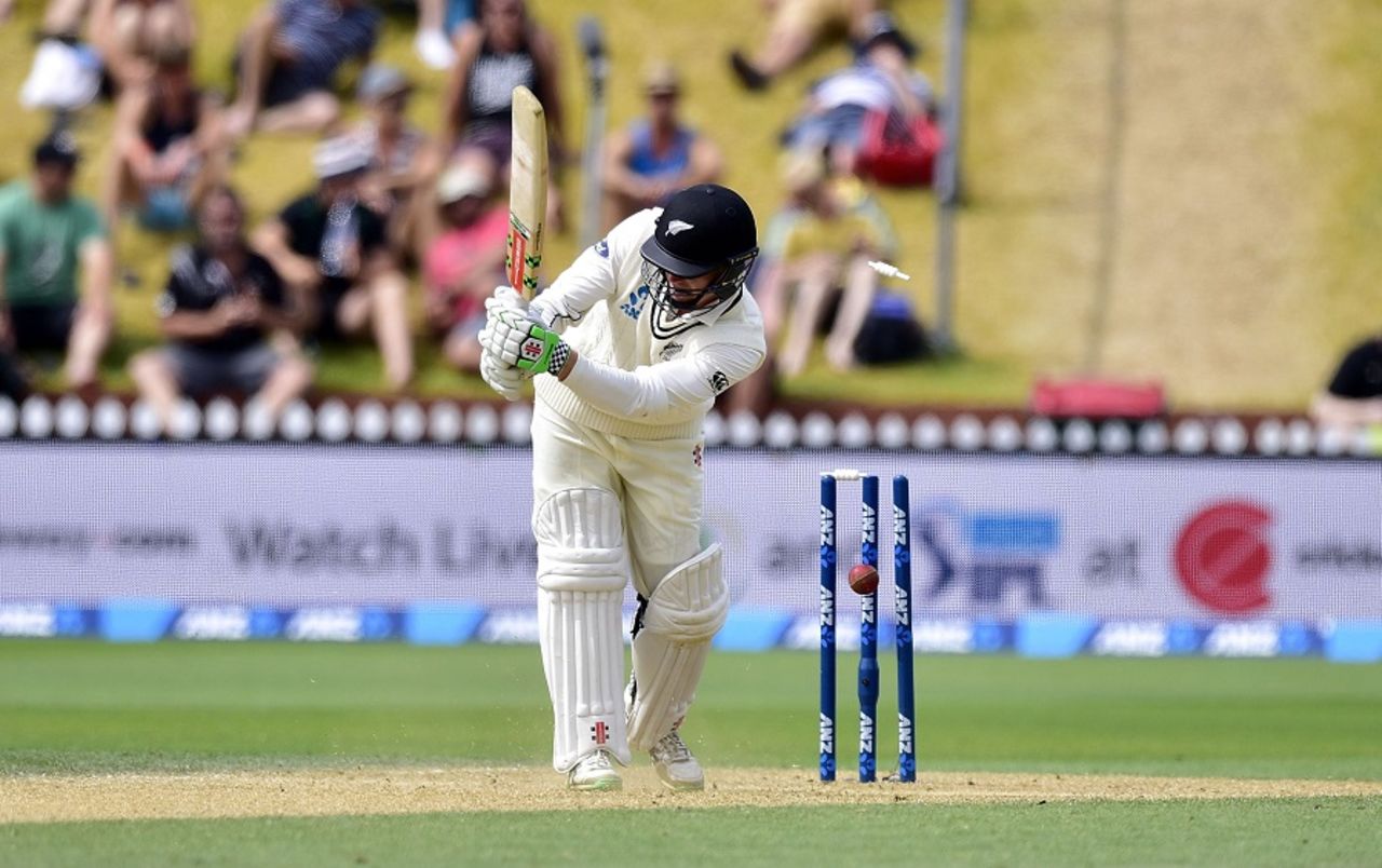 Henry Nicholls played down the wrong line of a reverse-swinging delivery, New Zealand v Australia, 1st Test, Wellington, 4th day, February 15, 2016