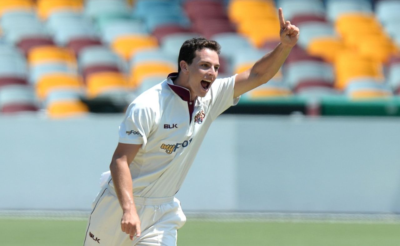 Jack Wildermuth celebrates, Queensland v Tasmania, Sheffield Shield 2015-16, 4th day, Brisbane, February 17, 2016