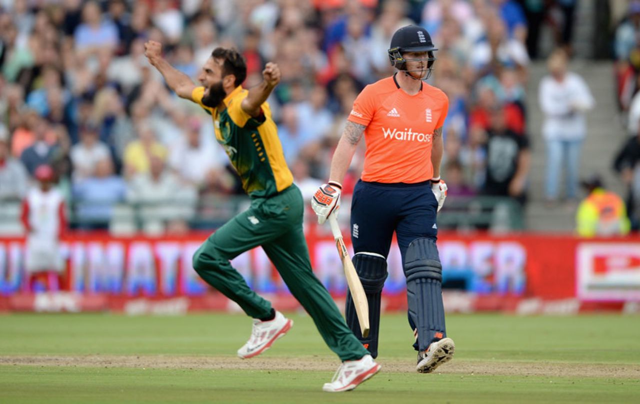 Imran Tahir celebrates Ben Stokes' stumping, South Africa v England, 1st T20, Cape Town, February 19, 2016