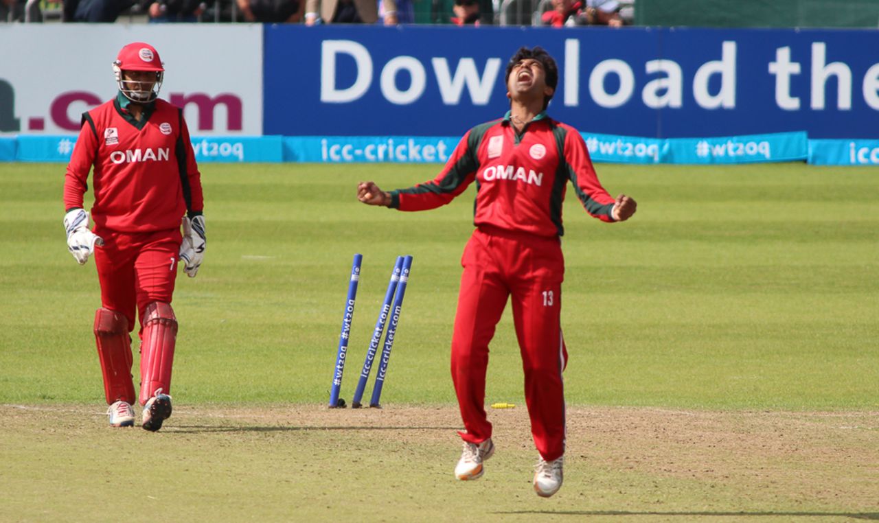 Aamir Kaleem celebrates the stumping of Gerhard Erasmus, Namibia v Oman, World T20 Qualifier, 4th qualifying playoff, Dublin, July 23, 2015