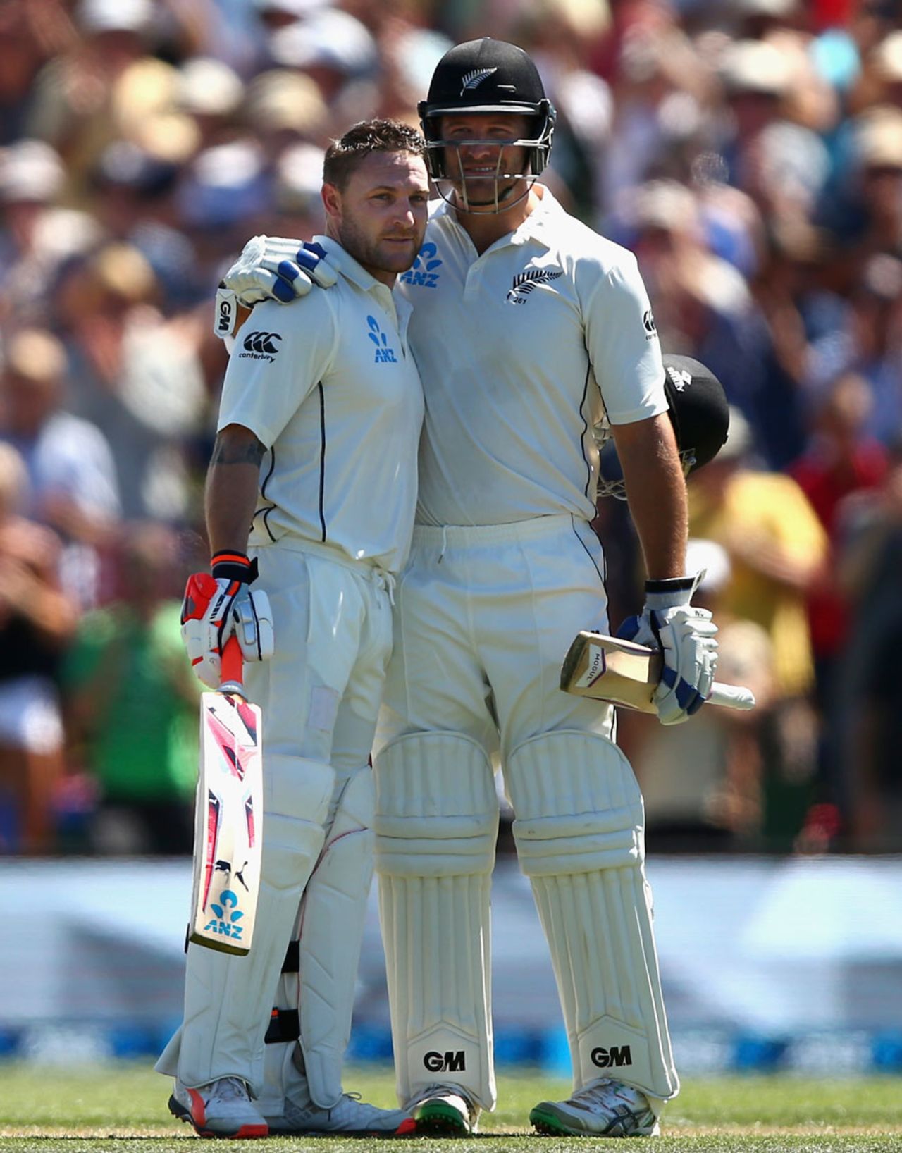 Brendon McCullum is congratulated by Corey Anderson after hitting the fastest Test hundred, New Zealand v Australia, 2nd Test, Christchurch, 1st day, February 20, 2016