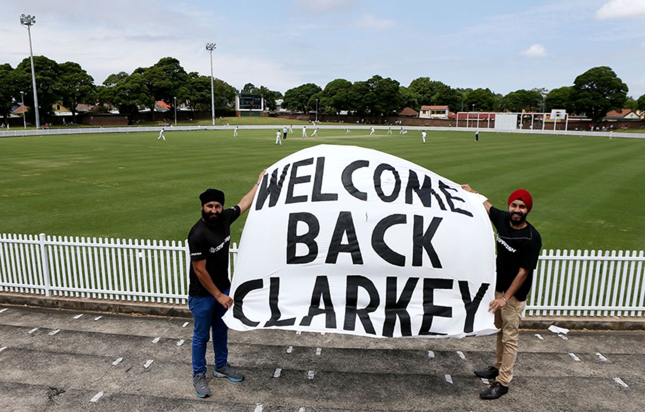 Fans hold up a banner on Michael Clarke's return to grade cricket, Sydney, February 20, 2016