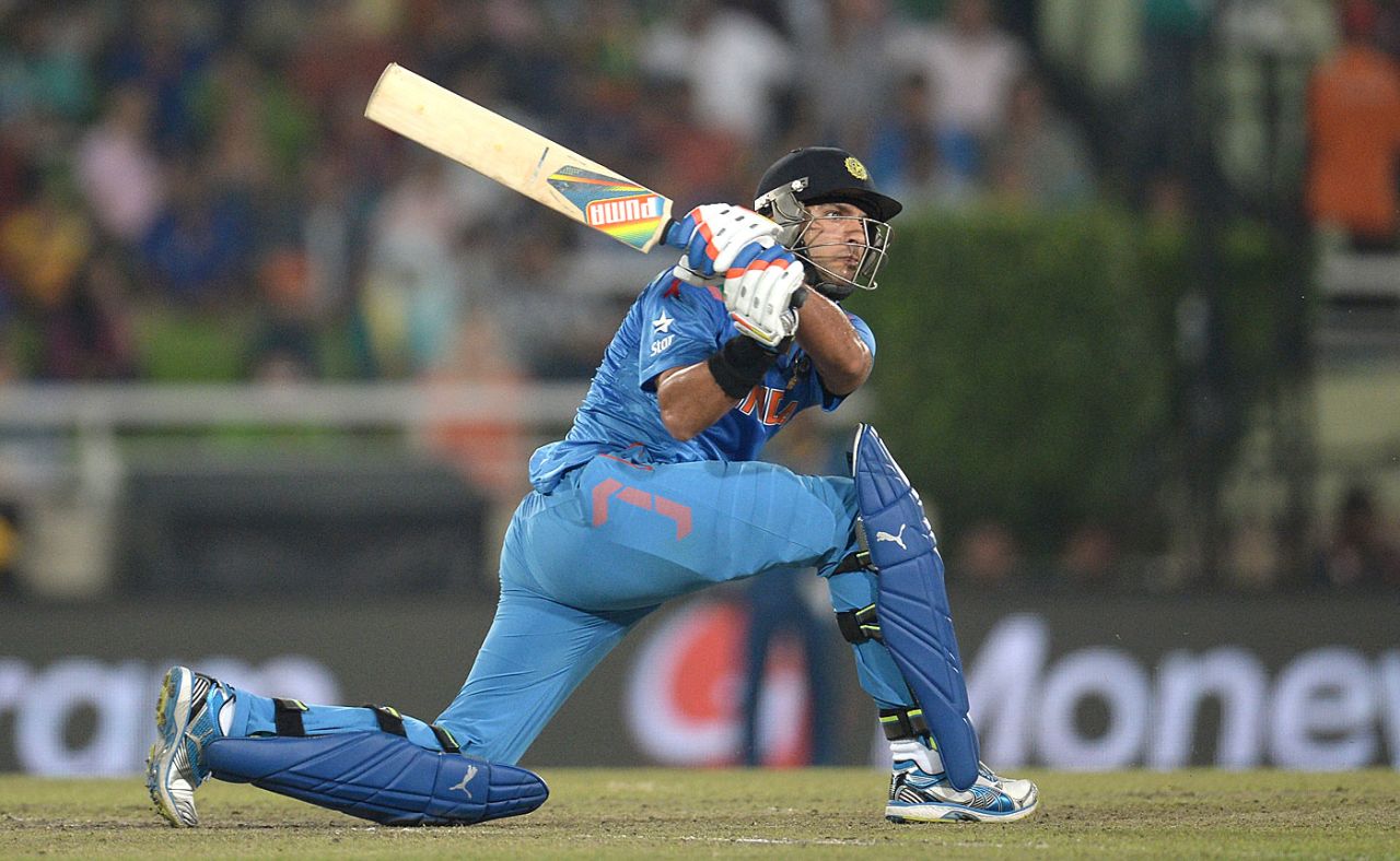 Yuvraj Singh goes for the big hit, India v Sri Lanka, final, World T20, Mirpur, April 6, 2014