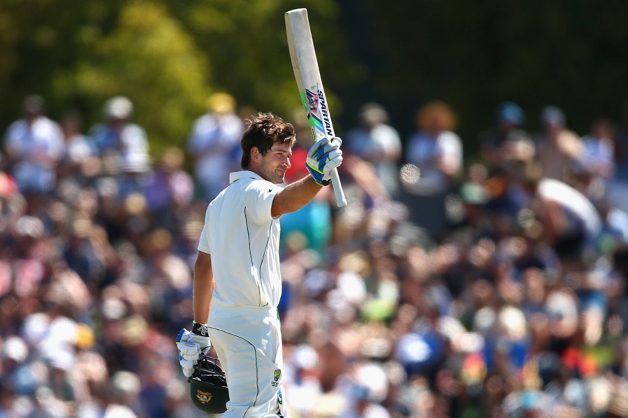 Joe Burns raises his bat after scoring his first hundred away from home, New Zealand v Australia, 2nd Test, Christchurch, 2nd day, February 21, 2016