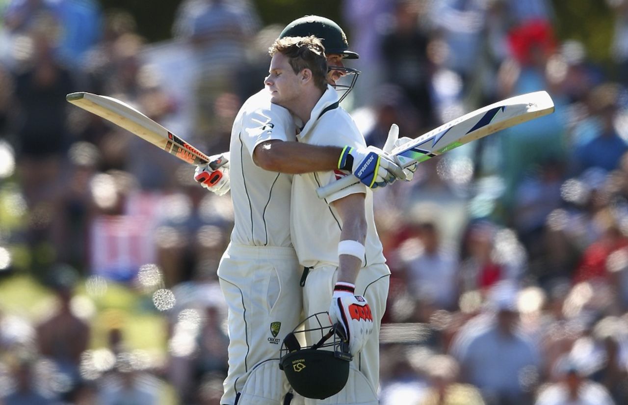 Steven Smith hugs Joe Burns after reaching his century, New Zealand v Australia, 2nd Test, Christchurch, 2nd day, February 21, 2016