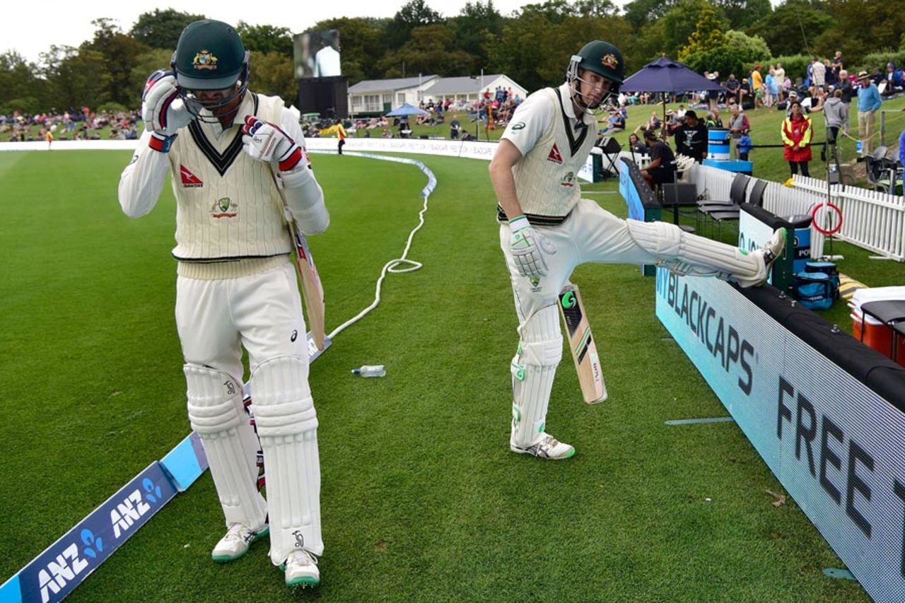 Nathan Lyon and Adam Voges before walking out for the start of play, New Zealand v Australia, 2nd Test, Christchurch, 3rd day, February 22, 2016