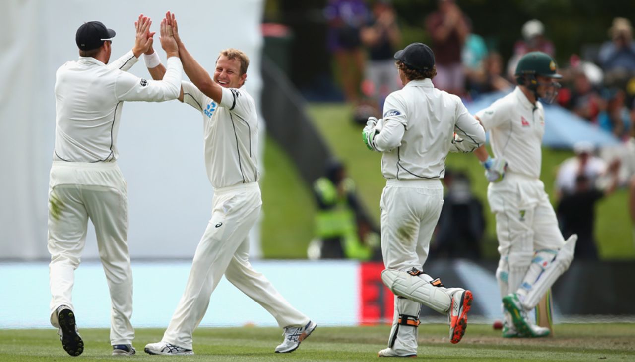 Neil Wagner celebrates Mitchell Marsh's wicket, New Zealand v Australia, 2nd Test, Christchurch, 3rd day, February 22, 2016