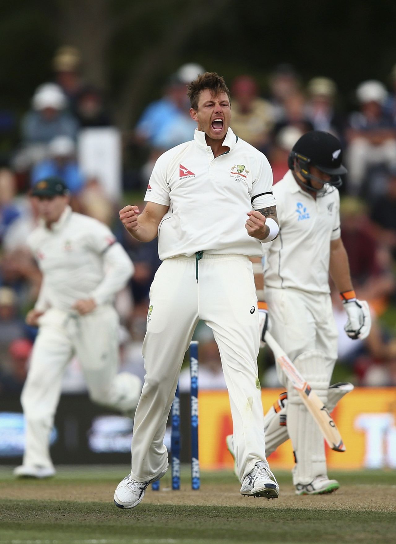 James Pattinson celebrates after dismissing Tom Latham, New Zealand v Australia, 2nd Test, Christchurch, 3rd day, February 22, 2016