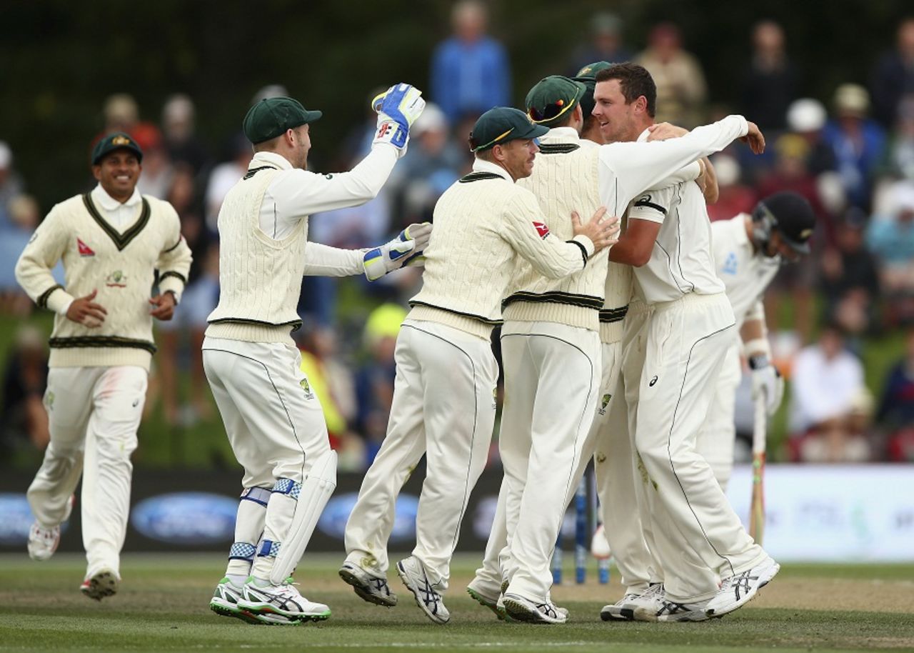 Josh Hazlewood is mobbed by his team-mates after he dismissed Brendon McCullum, New Zealand v Australia, 2nd Test, Christchurch, 3rd day, February 22, 2016