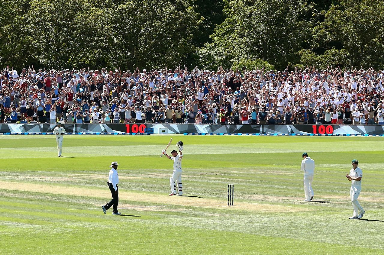 Brendon McCullum celebrates after getting to his century, New Zealand v Australia, second Test, day one, Christchurch, February 20, 2016