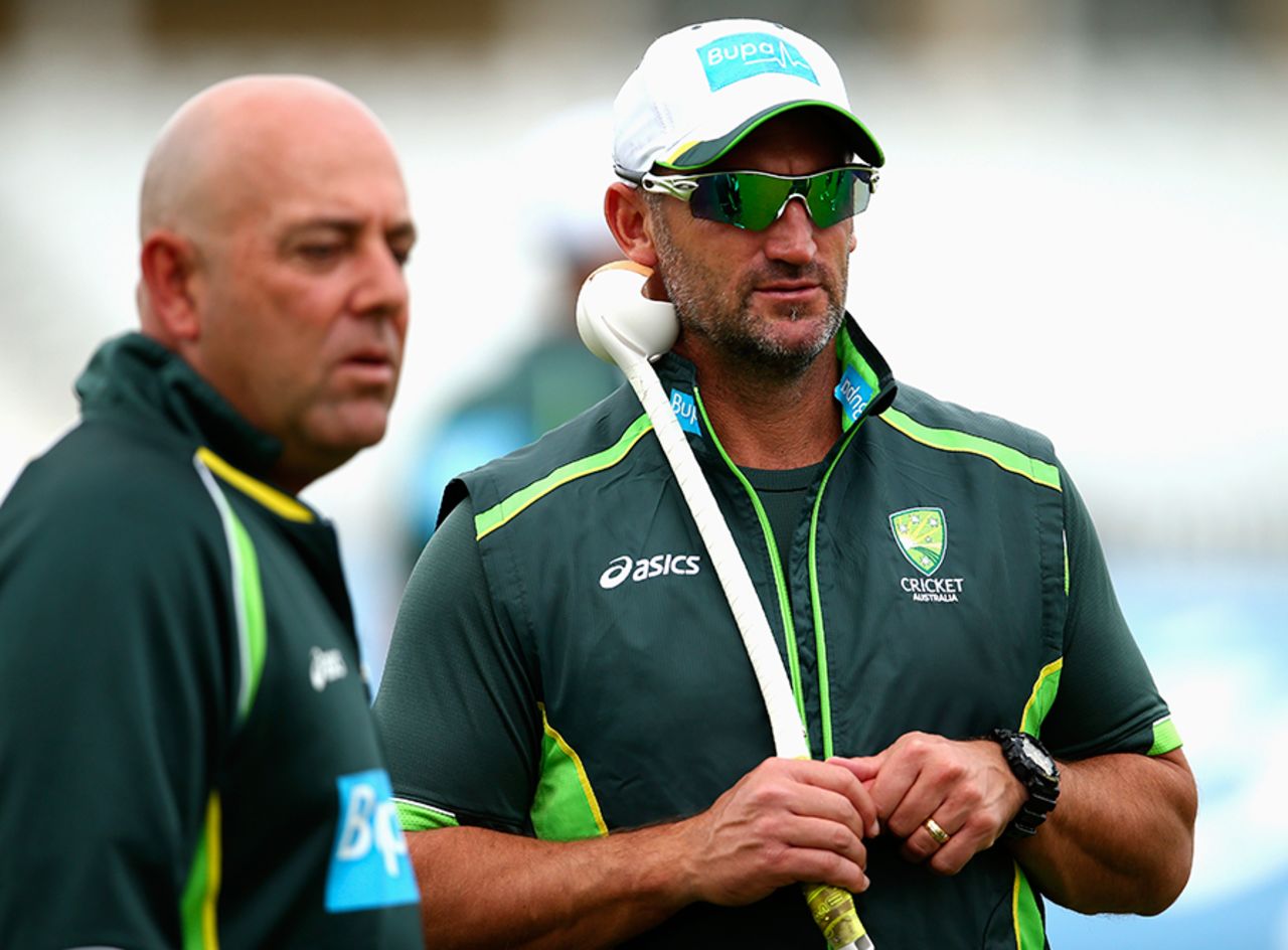Michael Di Venuto and Darren Lehmann look on during a training session, Nottingham, August 3, 2015