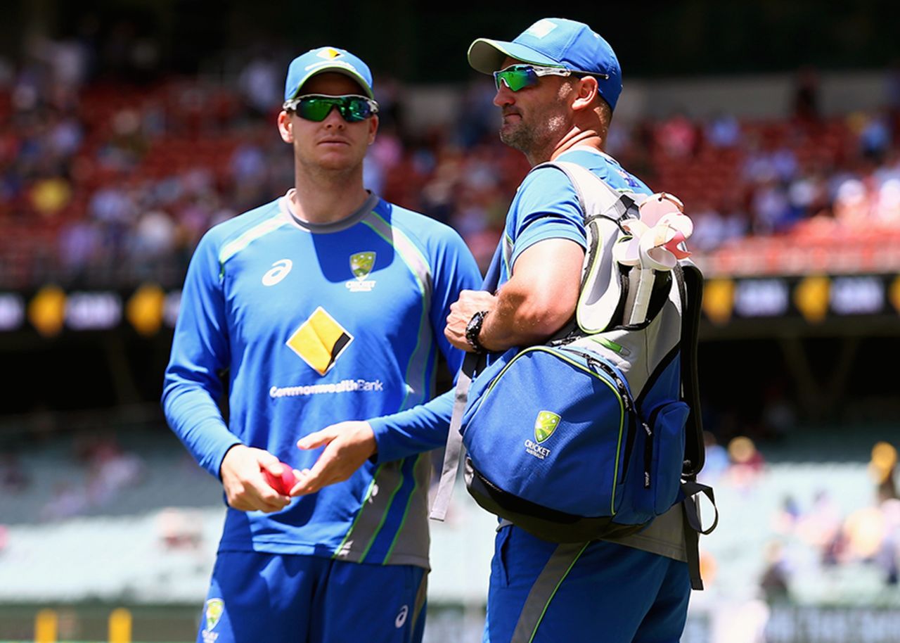Steven Smith and Michael Di Venuto have a chat before start of play, Australia v New Zealand, 3rd Test, Adelaide, 1st day, November 27, 2015