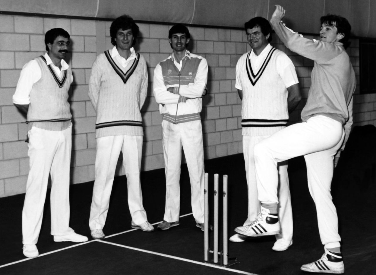 From left: Les Taylor, Bob Willis, Neil Foster, Bob Cottam and Greg Thomas practise at the Lilleshall Sports Centre, Newport, Shropshire, December 2, 1985