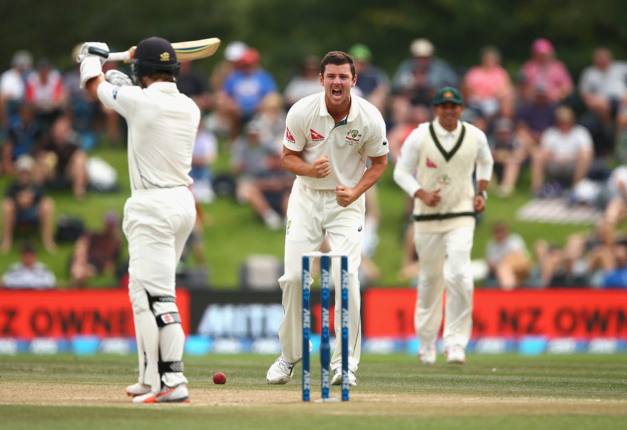 Josh Hazlewood celebrates after Kane Williamson was given out lbw, a decision that was overturned on review, New Zealand v Australia, 2nd Test, Christchurch, 4th day, February 23, 2016