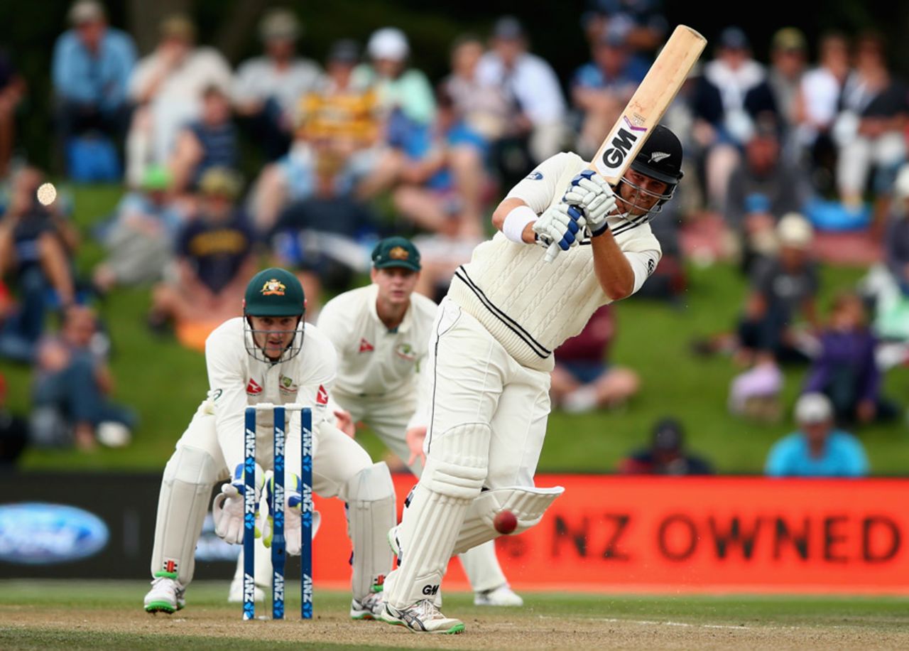 Corey Anderson plays a shot off Nathan Lyon, New Zealand v Australia, 2nd Test, Christchurch, 4th day, February 23, 2016