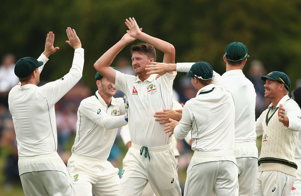 Jackson Bird is congratulated on Kane Williamson's wicket, New Zealand v Australia, 2nd Test, Christchurch, 4th day, February 23, 2016