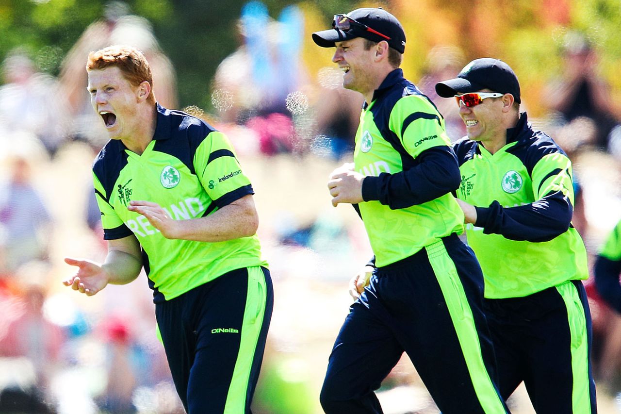 Kevin O'Brien, William Porterfield and Niall O'Brien celebrate a wicket, Ireland v West Indies, World Cup 2015, Group B, Nelson, February 16, 2015