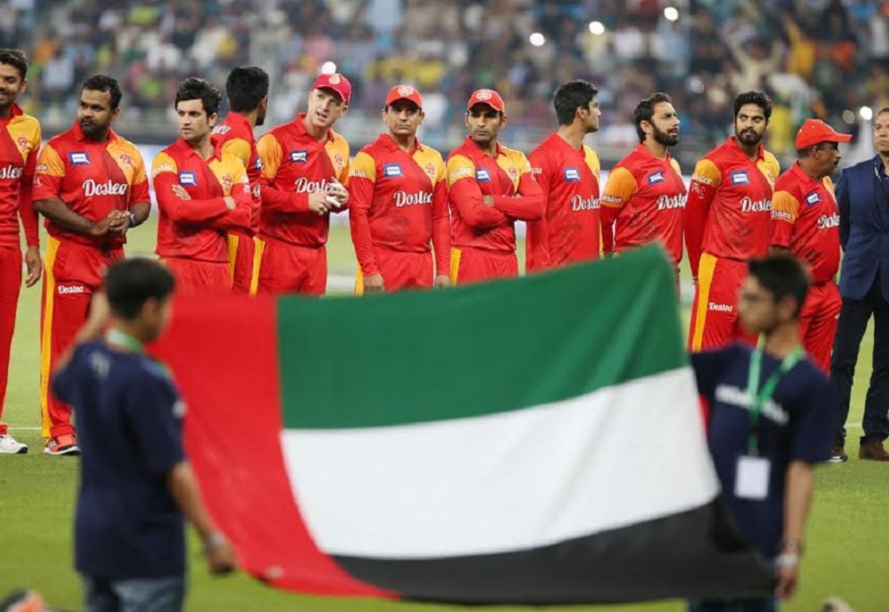 The Islamabad United players line up for Pakistan's national anthem, Islamabad United v Quetta Gladiators, PSL final, February 23, 2016