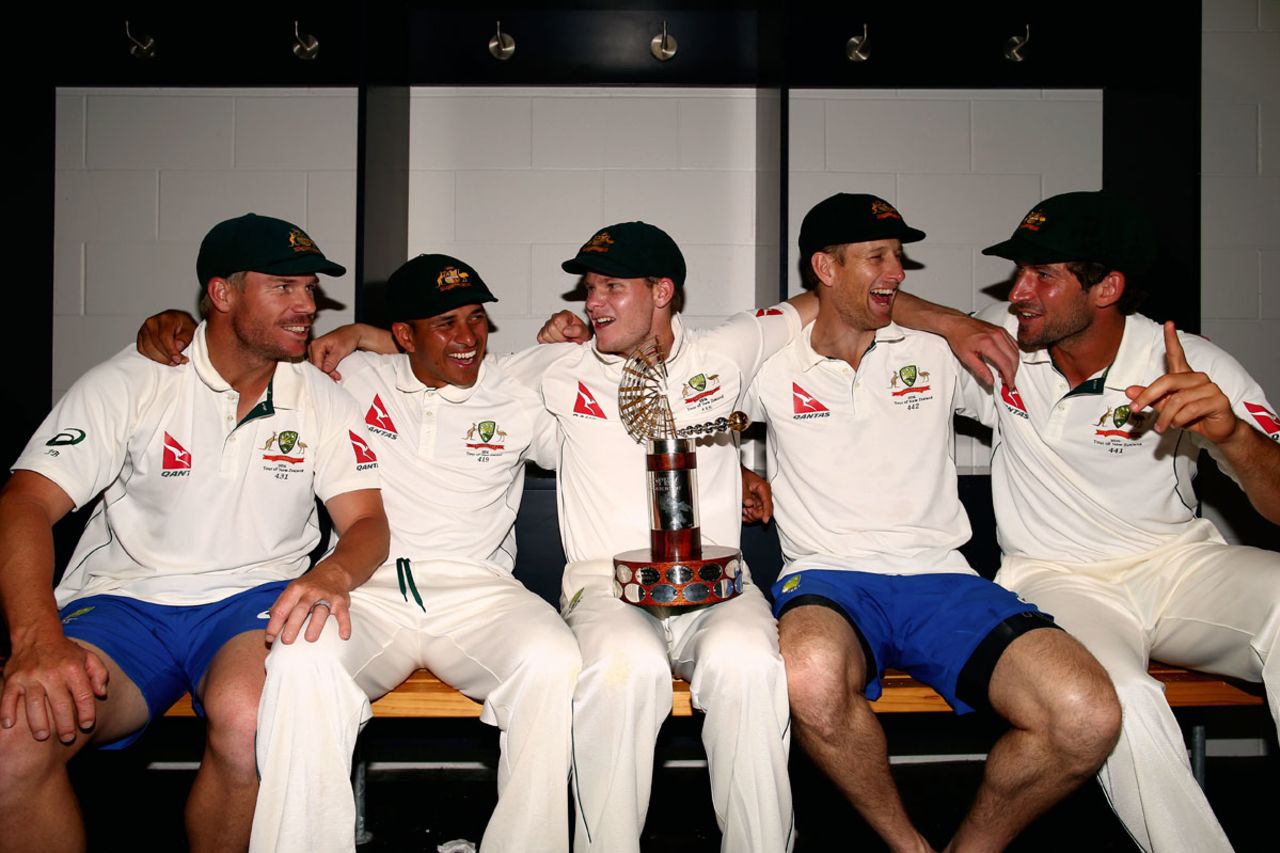 Australia, the new No. 1 Test side, pose with their the series trophies, New Zealand v Australia, 2nd Test, Christchurch, 5th day, February 24, 2016