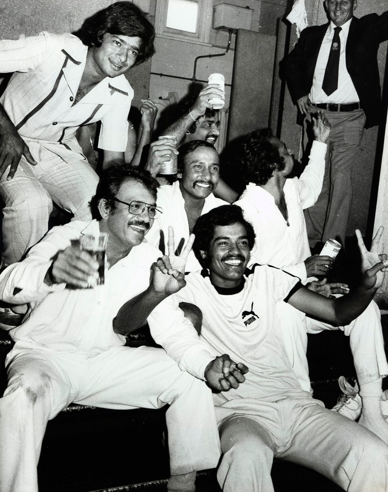 Indian players celebrate their innings win over Australia. Clockwise from bottom: Dilip Vengsarkar, Ashok Mankad, Karsan Ghavri, Syed Kirman, Gundappa Viswanath and Bhagwath Chandrasekhar, Australia v India, 4th Test, Sydney, 5th day, January 12, 1978