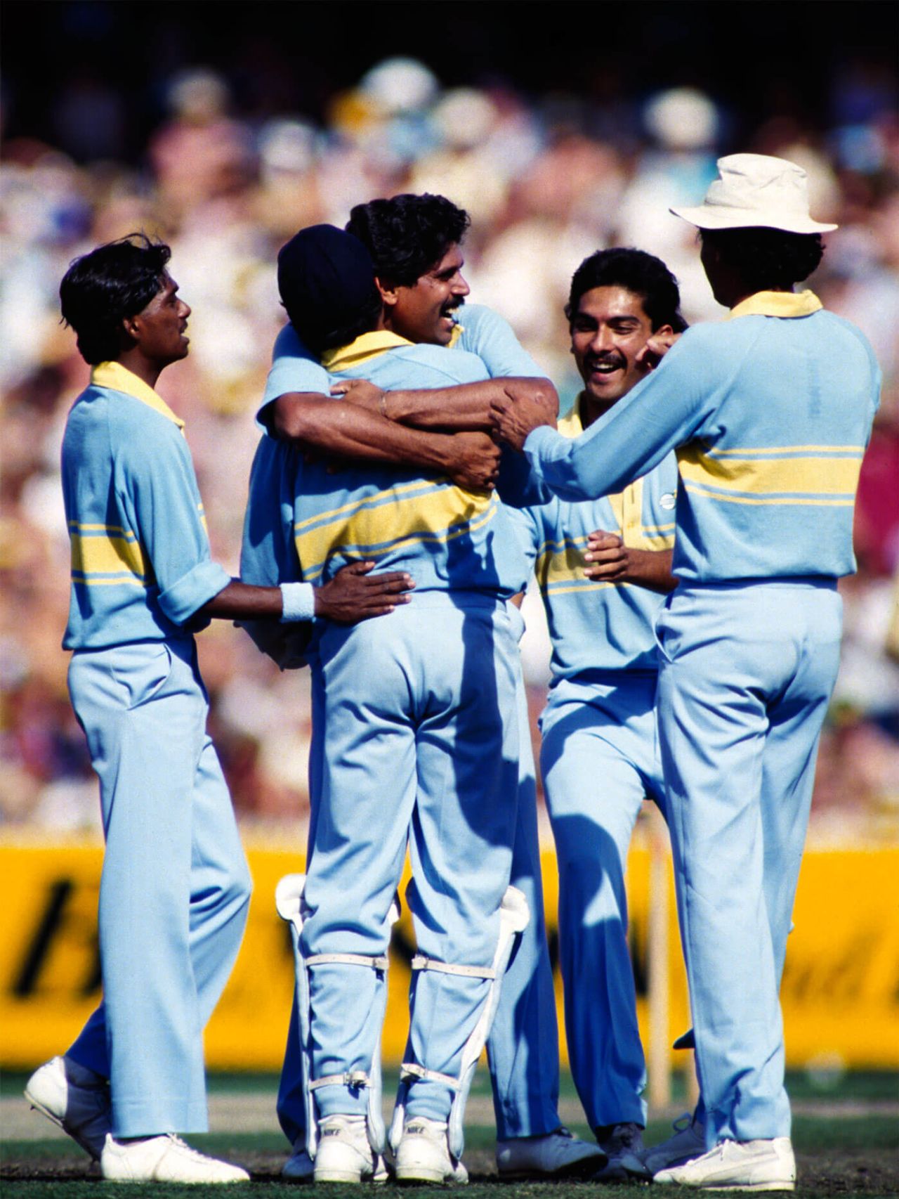 The Indians celebrate a wicket, India v Pakistan, World Championship of Cricket, MCG, February 20, 1985