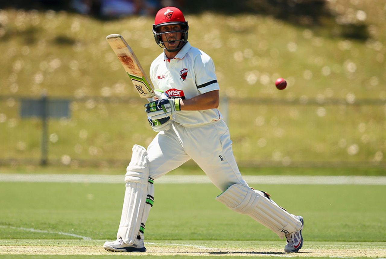 Jake Lehmann plays a shot on to the off side, New South Wales v South Australia, Sheffield Shield 2015-16, 1st day, Coff's Harbour, February 25, 2016