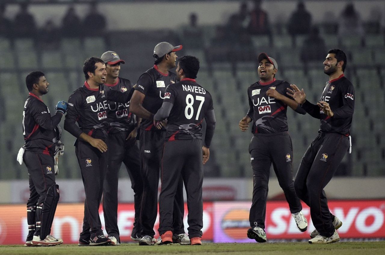 UAE get together to celebrate a wicket, Sri Lanka v UAE, Asia Cup 2016, Mirpur, February 25, 2016