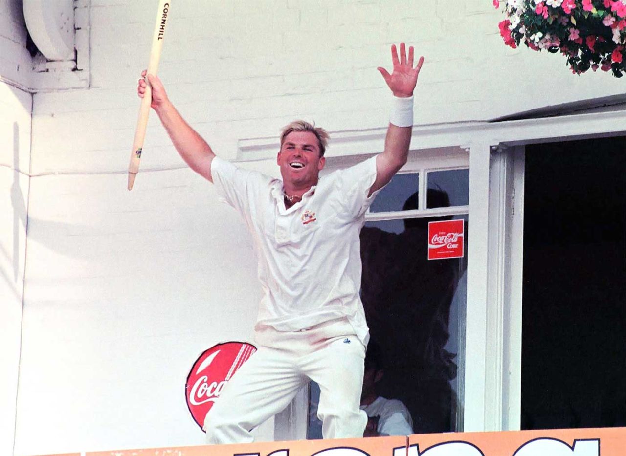 Shane Warne celebrates at the balcony after winning the Ashes, England v Australia, fifth Test, Trent Bridge, 10 August 1997