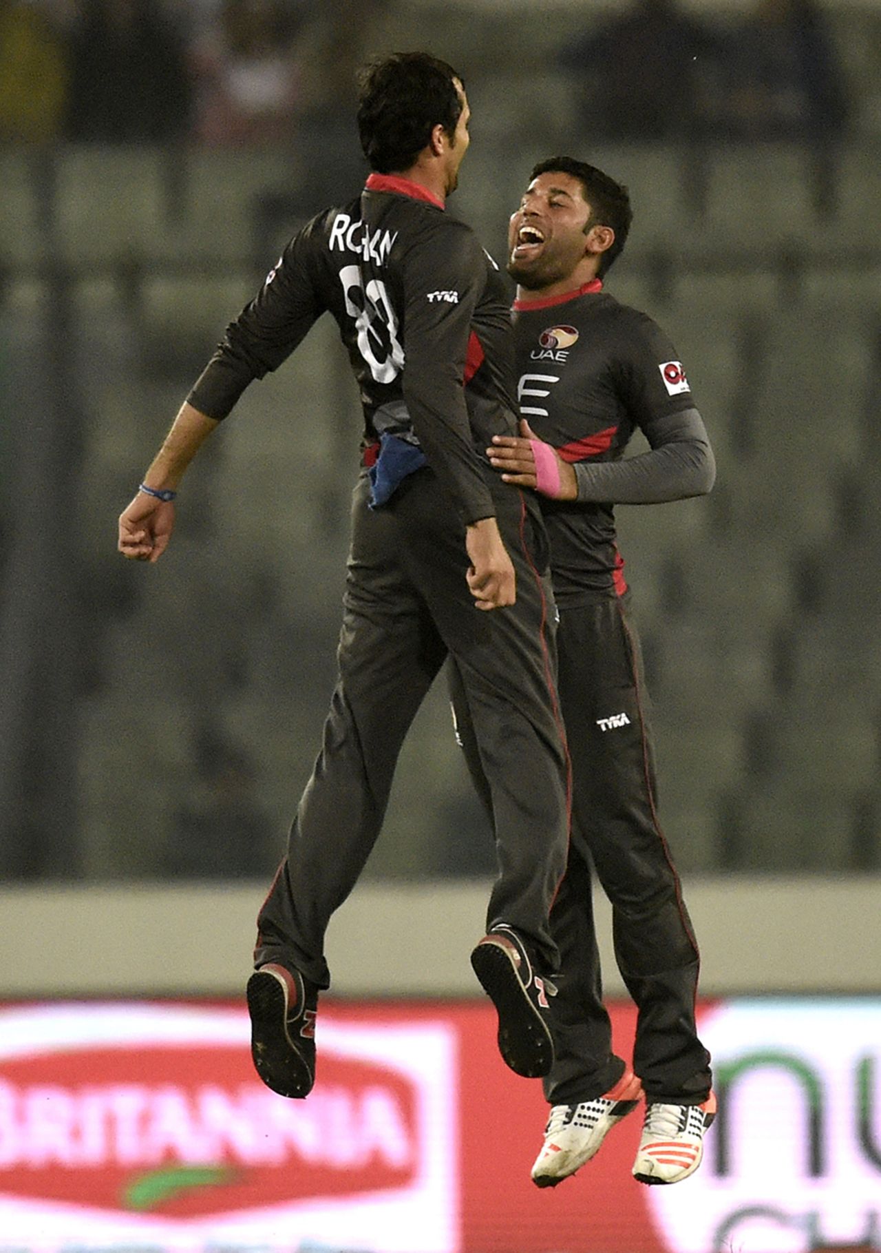 Rohan Mustafa and Mohammad Naveed bump chests to celebrate a wicket, Bangladesh v UAE, Asia Cup 2016, Mirpur, February 26, 2016